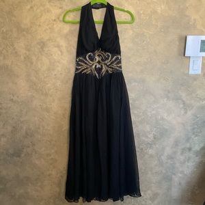 Vintage Zimble Beaded Silk Halter Gown Maxi Dress Black Gold S